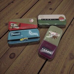 Vintage Fossil Watch Retro Tins- Lot Of 4- 90s- 5.75” x 2.75” x 0.75”